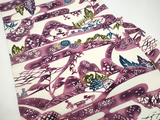 平和屋着物●塩瀬 全通柄 九寸名古屋帯 型染め 風景草花文 正絹 逸品 CABI0150hy