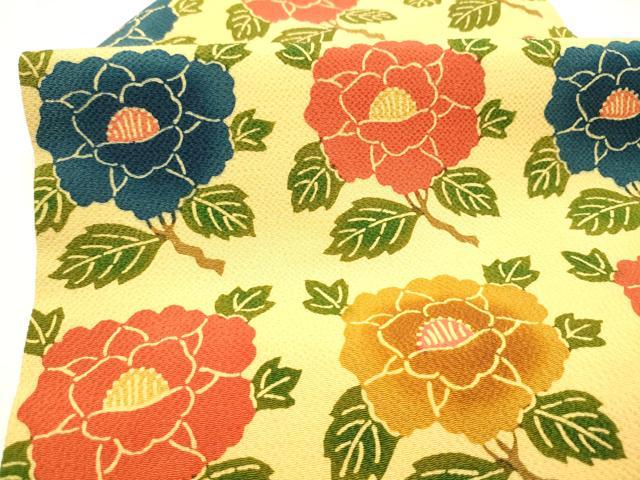 平和屋着物●全通柄 九寸名古屋帯 型染め 牡丹 鬼しぼ縮緬 三越扱い 正絹 逸品 CABI0156hy