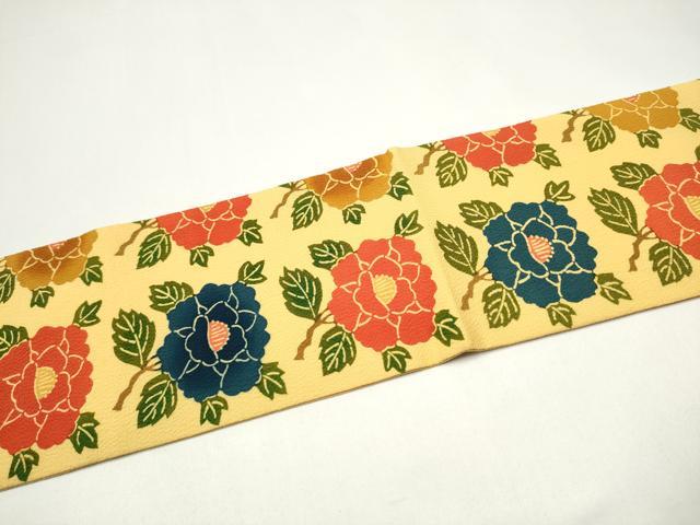 平和屋着物●全通柄 九寸名古屋帯 型染め 牡丹 鬼しぼ縮緬 三越扱い 正絹 逸品 CABI0156hy