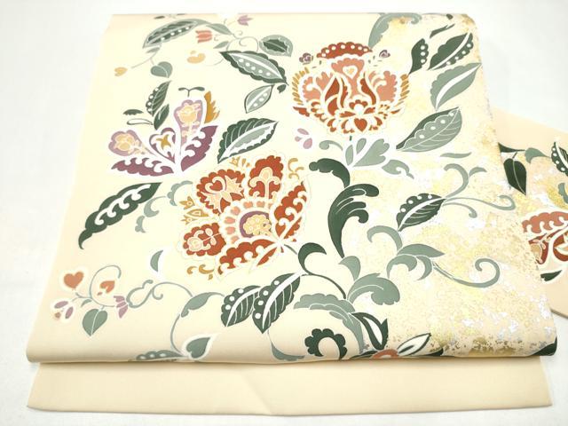 平和屋着物●塩瀬 九寸名古屋帯 更紗花唐草文 金銀彩 正絹 逸品 CABI0157hy