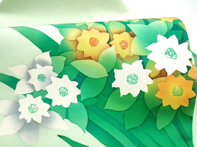 平和屋着物●塩瀬 九寸名古屋帯 作家物 ろうけつ染 草花文 正絹 逸品 CABI0160hy