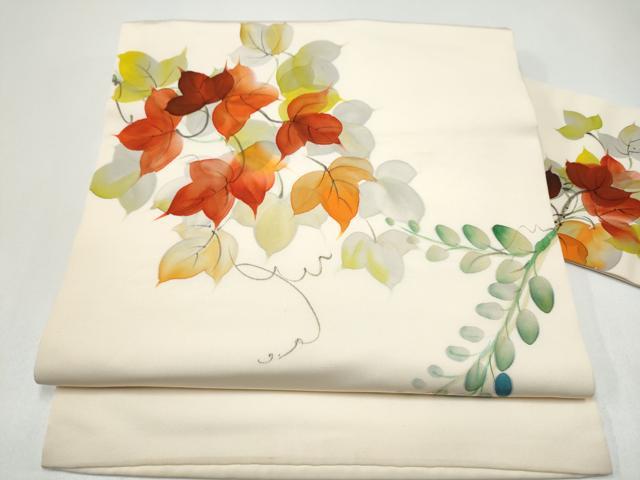 平和屋着物●塩瀬 九寸名古屋帯 手描き 蔦の葉文 正絹 逸品 CABI0166hy