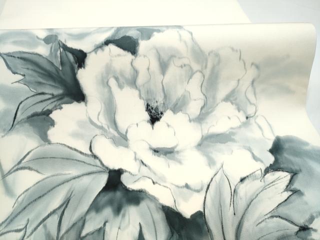 平和屋着物●塩瀬 九寸開き名古屋帯 手描き 牡丹 正絹 逸品 CABI0168hy