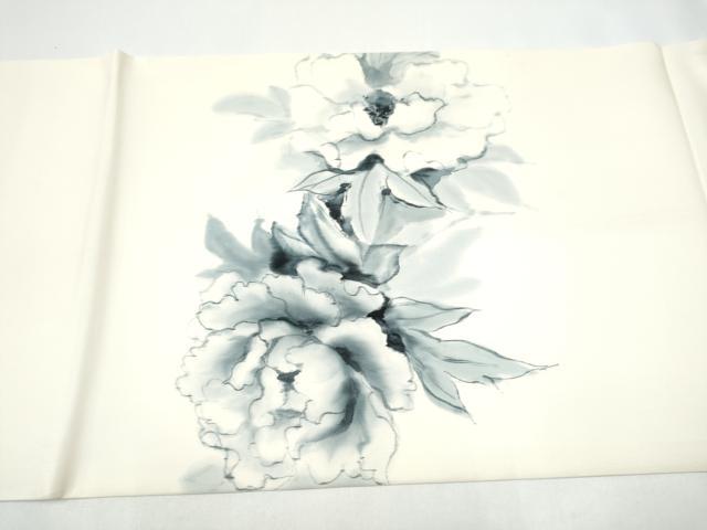 平和屋着物●塩瀬 九寸開き名古屋帯 手描き 牡丹 正絹 逸品 CABI0168hy
