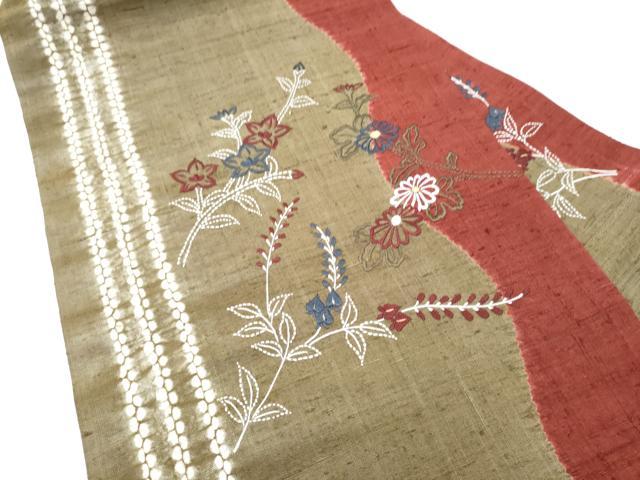 平和屋着物●九寸名古屋帯 紬地 絞り 刺繍 刺し子 草花文 正絹 逸品 CABI0169hy