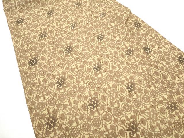 平和屋着物●全通柄 九寸名古屋帯 紬地 型染め 花唐草文 正絹 逸品 CABI0172hy