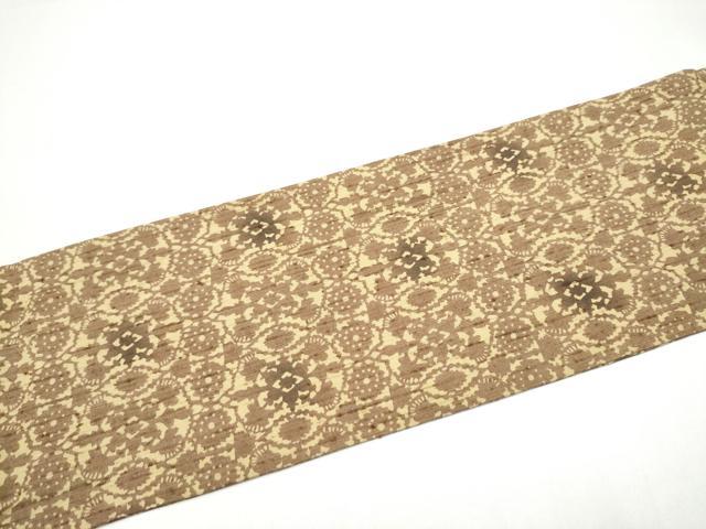 平和屋着物●全通柄 九寸名古屋帯 紬地 型染め 花唐草文 正絹 逸品 CABI0172hy