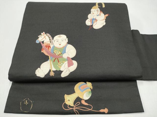 平和屋着物●アンティーク 大正ロマン 九寸名古屋帯 作家物 総刺繍 唐子 黒地 金糸 正絹 逸品 CABI0173hy