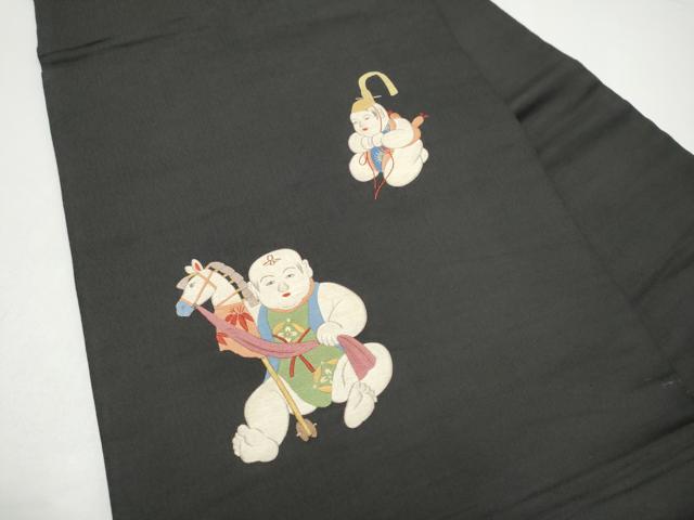 平和屋着物●アンティーク 大正ロマン 九寸名古屋帯 作家物 総刺繍 唐子 黒地 金糸 正絹 逸品 CABI0173hy