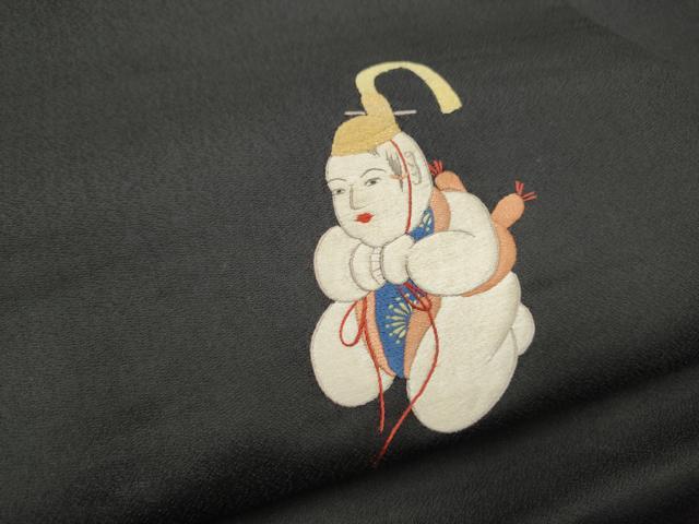 平和屋着物●アンティーク 大正ロマン 九寸名古屋帯 作家物 総刺繍 唐子 黒地 金糸 正絹 逸品 CABI0173hy