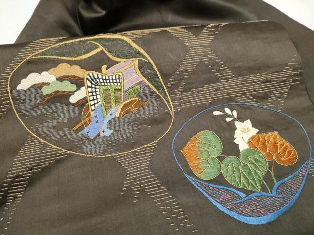 平和屋着物●アンティーク 大正ロマン 九寸名古屋帯 総刺繍 貝合せ御所車花文 黒地 金糸 正絹 逸品 CABI0186hy