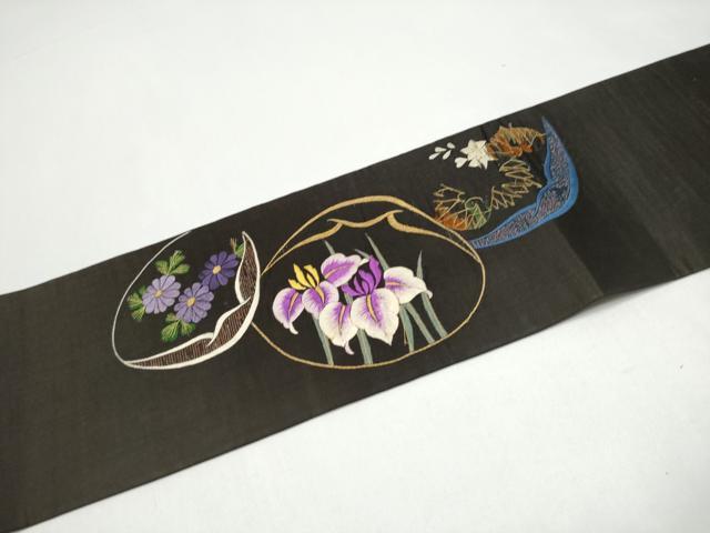 平和屋着物●アンティーク 大正ロマン 九寸名古屋帯 総刺繍 貝合せ御所車花文 黒地 金糸 正絹 逸品 CABI0186hy