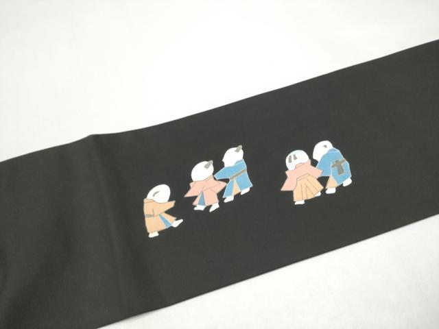 平和屋着物●塩瀬 九寸名古屋帯 人物文 黒地 金彩 正絹 逸品 CABI0195hy
