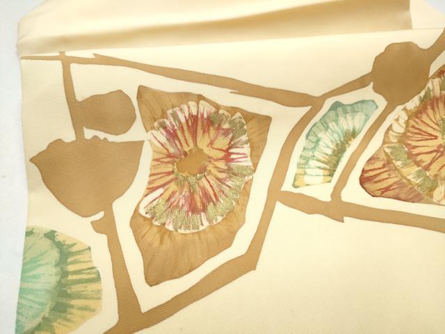 平和屋着物●塩瀬 九寸名古屋帯 ろうけつ染 舞花文 金彩 正絹 逸品 CABI0196hy