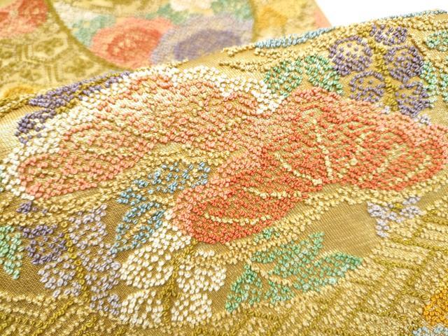 平和屋着物●老舗織元 泰生織物 中国三大刺繍 総相良刺繍 六通柄袋帯 輪奈相良 幾何学花文 本金 共箱付き 正絹 逸品 CABI0199hy