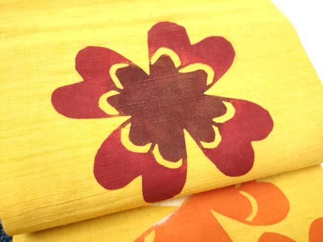 平和屋着物●半幅帯 紬地 型染め 舞花文 正絹 逸品 CABI0211hy