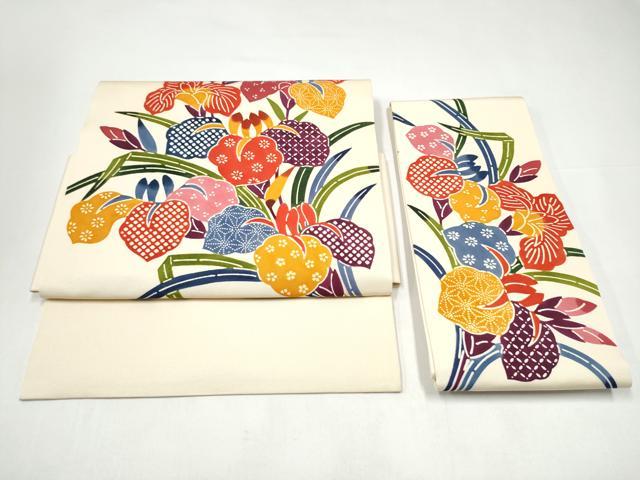平和屋着物●つけ帯 型染め 草花文 正絹 逸品 CABI0218hy