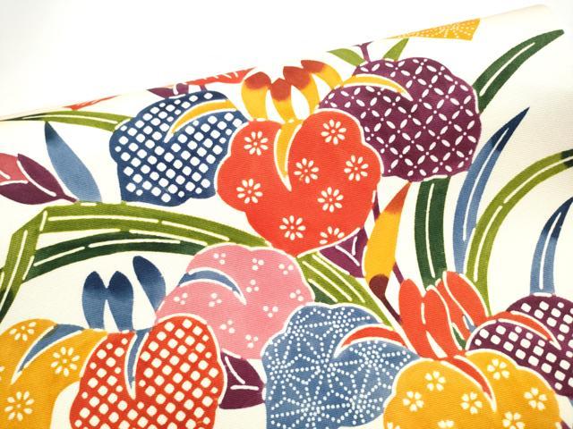 平和屋着物●つけ帯 型染め 草花文 正絹 逸品 CABI0218hy