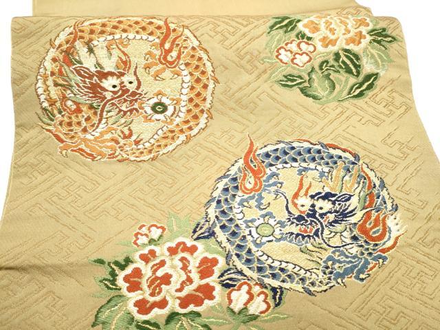 平和屋着物●アンティーク 大正ロマン 丸帯 龍 花丸文 金糸 正絹 逸品 CABI0231hy