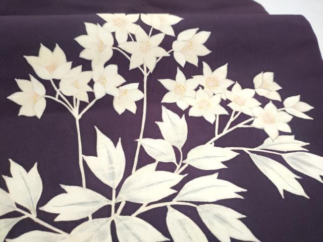 平和屋着物●塩瀬 九寸名古屋帯 手描き 草花文 正絹 逸品 CABI0248hy