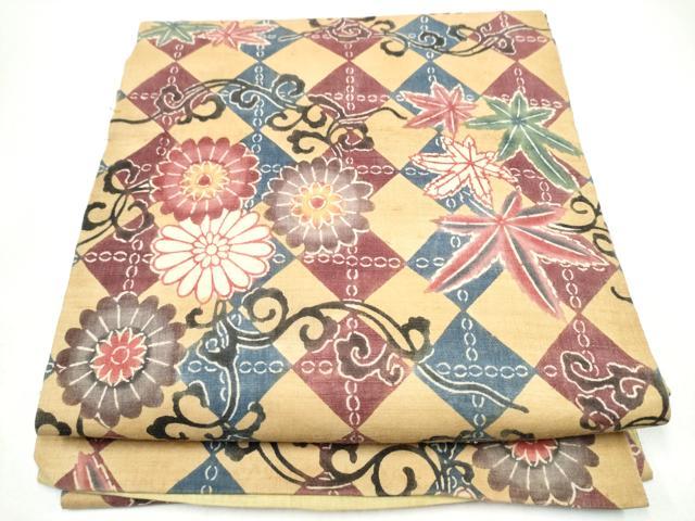 平和屋着物●九寸開き名古屋帯 紬地 型染め 菱花文 正絹 逸品 CABI0250hy