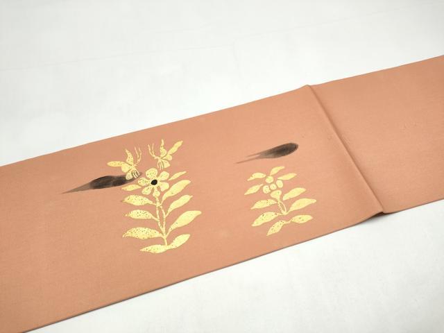 平和屋着物●塩瀬 九寸名古屋帯 更紗花文 金彩 正絹 逸品 CABI0251hy