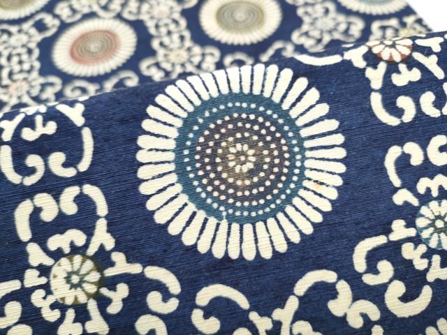 平和屋着物●九寸開き名古屋帯 紬地 型染め 草木染 菊唐草文 正絹 逸品 CABI0255hy