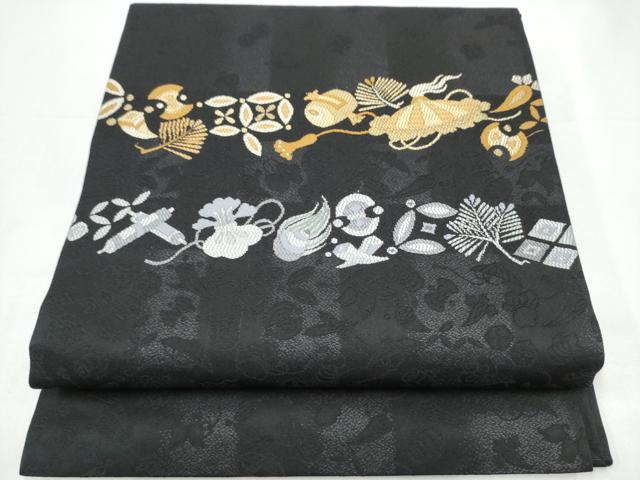 平和屋着物●九寸開き名古屋帯 宝尽くし文 黒地 正絹 逸品 CABI0257hy