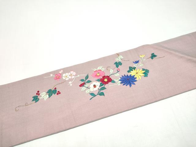 平和屋着物●アンティーク 大正ロマン 九寸名古屋帯 総手刺繍 花唐草文 正絹 逸品 CABI0268hy