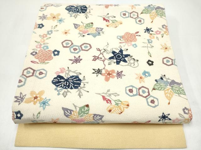平和屋着物●九寸名古屋帯 型染め 草花文 鬼しぼ縮緬 正絹 逸品 CABI0271hy