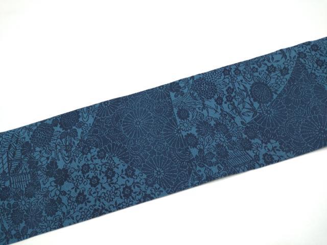 平和屋着物●全通柄 九寸名古屋帯 藍 型染め 風景花文 鬼しぼ縮緬 正絹 逸品 CABI0272hy