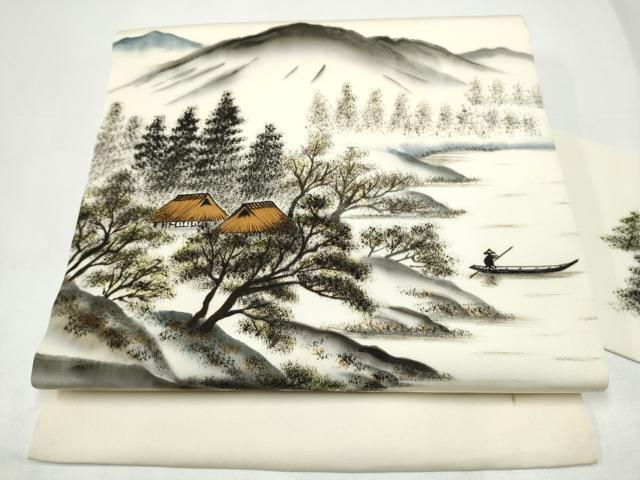平和屋着物●塩瀬 九寸名古屋帯 作家物 手描き 遠山風景文 正絹 逸品 CABI0276hy