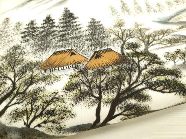 平和屋着物●塩瀬 九寸名古屋帯 作家物 手描き 遠山風景文 正絹 逸品 CABI0276hy