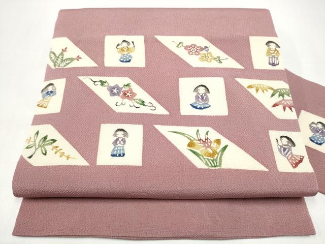 平和屋着物●九寸名古屋帯 型染め 松竹梅人物文 鬼しぼ縮緬 正絹 逸品 CABI0281hy