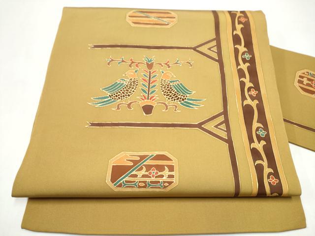 平和屋着物●塩瀬 九寸名古屋帯 花鳥文 金彩 正絹 逸品 CABI0286hy