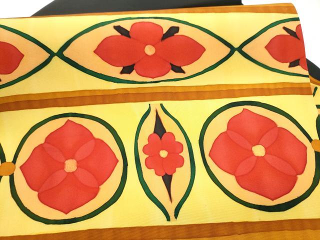 平和屋着物●塩瀬 九寸名古屋帯 ろうけつ染 花丸文 黒地 正絹 逸品 CABI0287hy