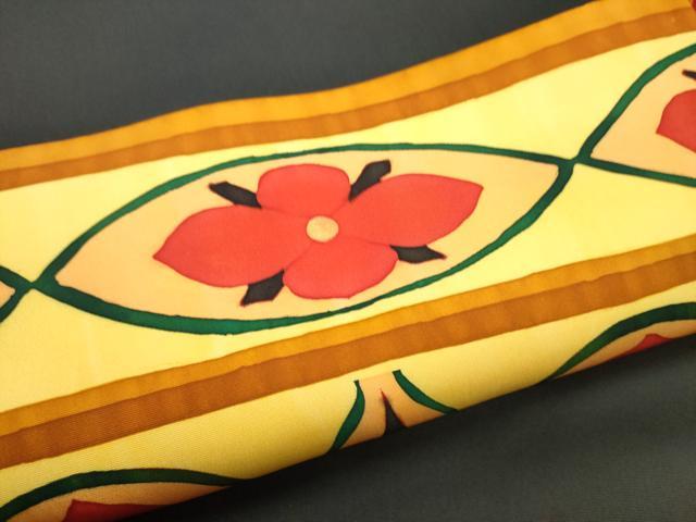 平和屋着物●塩瀬 九寸名古屋帯 ろうけつ染 花丸文 黒地 正絹 逸品 CABI0287hy