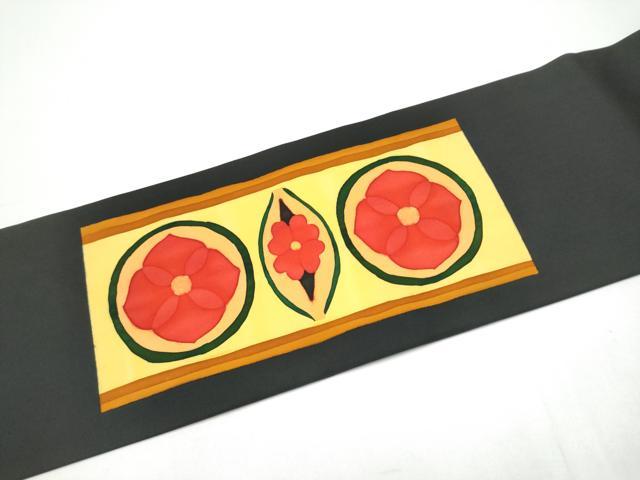 平和屋着物●塩瀬 九寸名古屋帯 ろうけつ染 花丸文 黒地 正絹 逸品 CABI0287hy