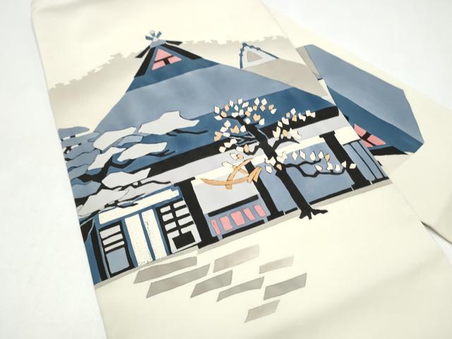 平和屋着物●塩瀬 九寸名古屋帯 ろうけつ染 風景文 正絹 逸品 CABI0289hy