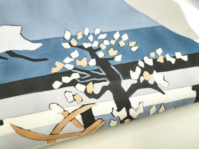 平和屋着物●塩瀬 九寸名古屋帯 ろうけつ染 風景文 正絹 逸品 CABI0289hy