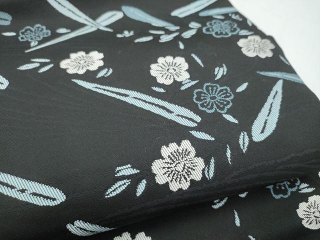 平和屋着物●つけ帯 草花文 黒地 正絹 逸品 CABI0296hy