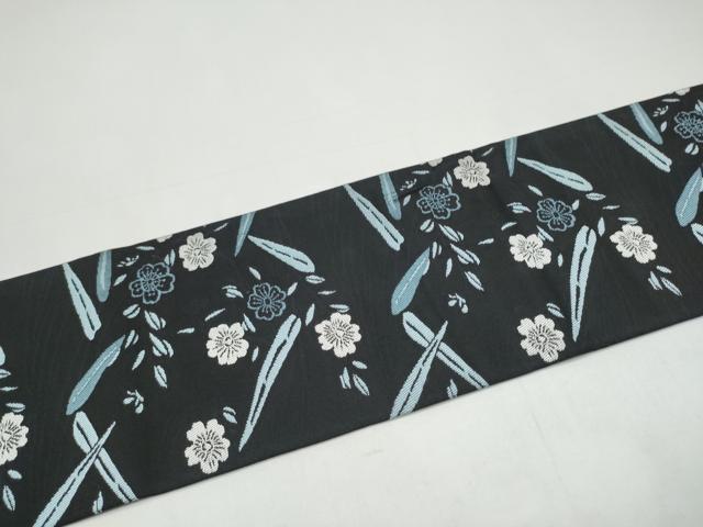 平和屋着物●つけ帯 草花文 黒地 正絹 逸品 CABI0296hy