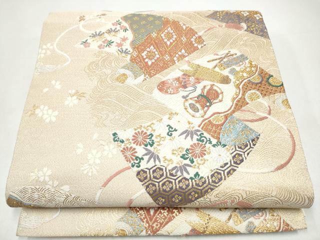 平和屋着物●六通柄袋帯 唐織 朱雀綴れ 絵巻楽器花文 金糸 正絹 逸品 CABI0326hy