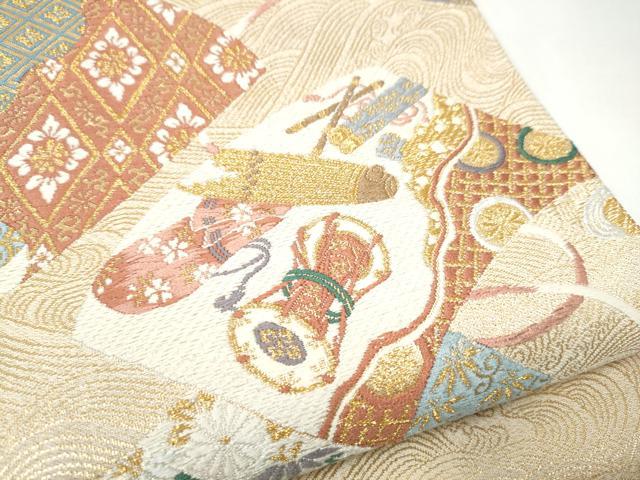 平和屋着物●六通柄袋帯 唐織 朱雀綴れ 絵巻楽器花文 金糸 正絹 逸品 CABI0326hy