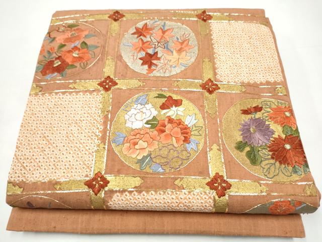 平和屋着物●太鼓柄袋帯 紬地 絞り 駒刺繍 草花丸文 金彩 正絹 逸品 CABI0333hy