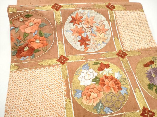 平和屋着物●太鼓柄袋帯 紬地 絞り 駒刺繍 草花丸文 金彩 正絹 逸品 CABI0333hy