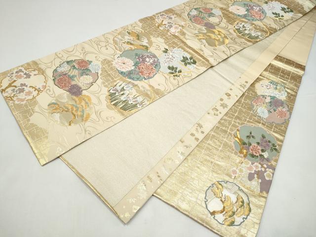 平和屋着物●六通柄袋帯 2通別腹新丸帯 雪輪草花文 金糸 正絹 逸品 CABI0334hy