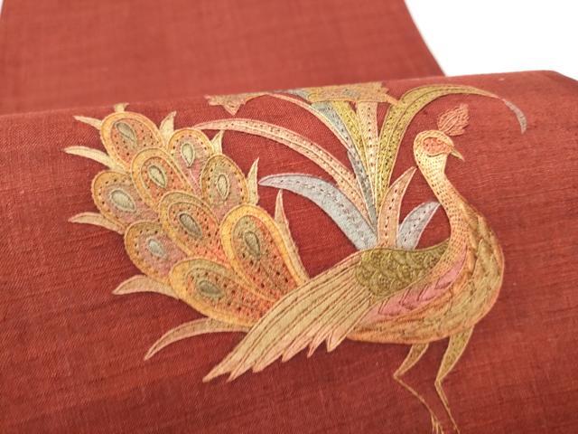 平和屋着物●中国三大刺繍 スワトウ刺繍 総刺繍 太鼓柄袋帯 紬地 孔雀花文 正絹 逸品 CABI0344hy