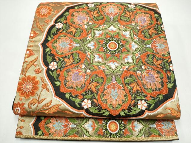 平和屋着物●六通柄袋帯 唐織 唐花鏡裏 黒地 金糸 正絹 逸品 CABI0345hy
