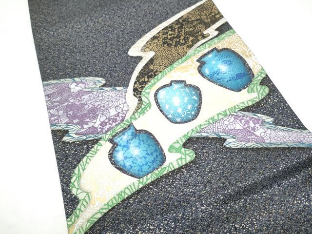 平和屋着物●太鼓柄袋帯 作家物 陶器花文 金彩 正絹 逸品 CABI0355hy